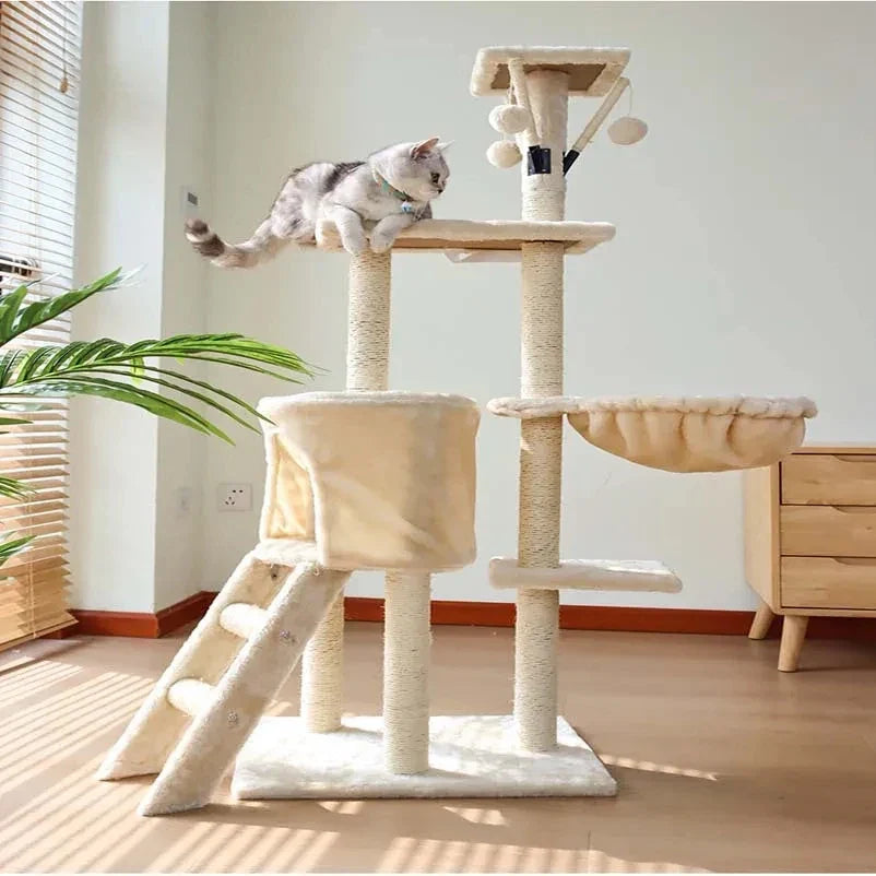 Arbre à chat intégral avec villa et plateformes - Modèle : "ChâteauFélin"