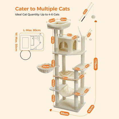 Arbre a chat maine coon multi-niveaux avec poteaux griffoir et hamac - Modèle : "FelineKingdom"